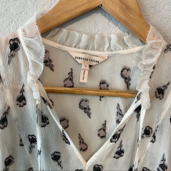 Rebecca Taylor Cream Tulip Clip Sheer Silk Top 4 - Picture 4 of 7